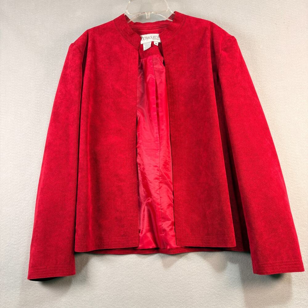 Vintage Ultrasuede Red Collarless Jacket Fully Lined Size 14